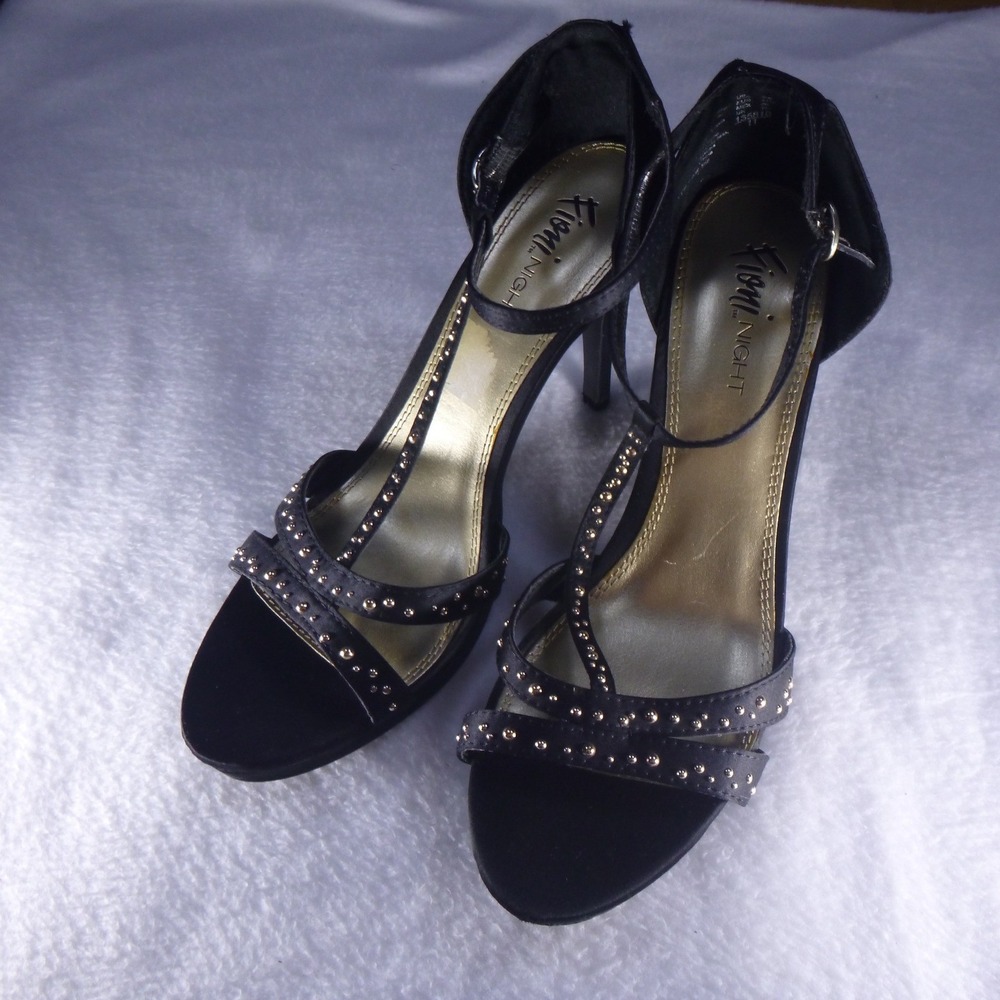 Fioni Night Womens Black Satin Studded Stiletto Sandals Ankle Strap Heels 9W